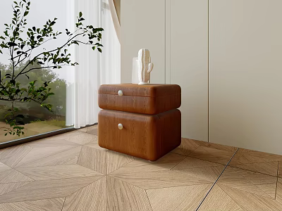 Minimalist Brown Wooden Nightstand With Drawers And Potted Plant By Window 3d model
