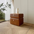 Minimalist Brown Wooden Nightstand With Drawers And Potted Plant By Window