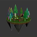 Floating Island Scene With Green Pine Trees And Small Tent On Rocky Base