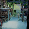 Cartoon Scene of Blue Toned Cargo Van Interior with Workbenches Tools Ladder and Fire Extinguisher