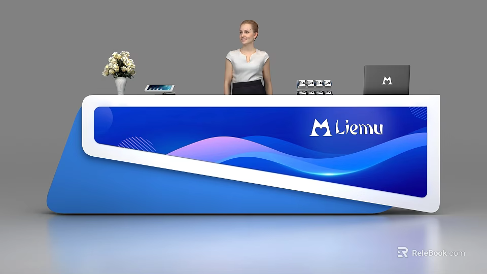 Modern Blue Reception Desk With Liemu Logo Stylish Wave Pattern And Receptionist 3d model 