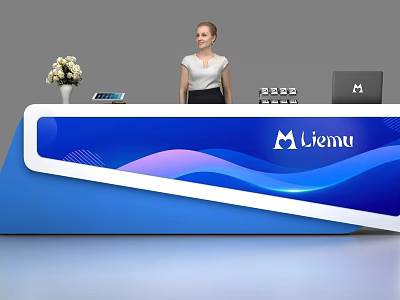 Modern Blue Reception Desk With Liemu Logo Stylish Wave Pattern And Receptionist 3d model