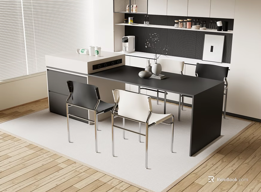 Modern Bar Counter Design With Black White Chairs And Open Kitchen Layout 3d model