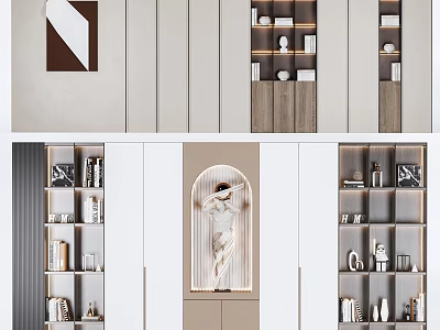 Modern Bookcase In Neutral Tones With Open Shelves Closed Cabinets And Decorative Sculptures 3d model