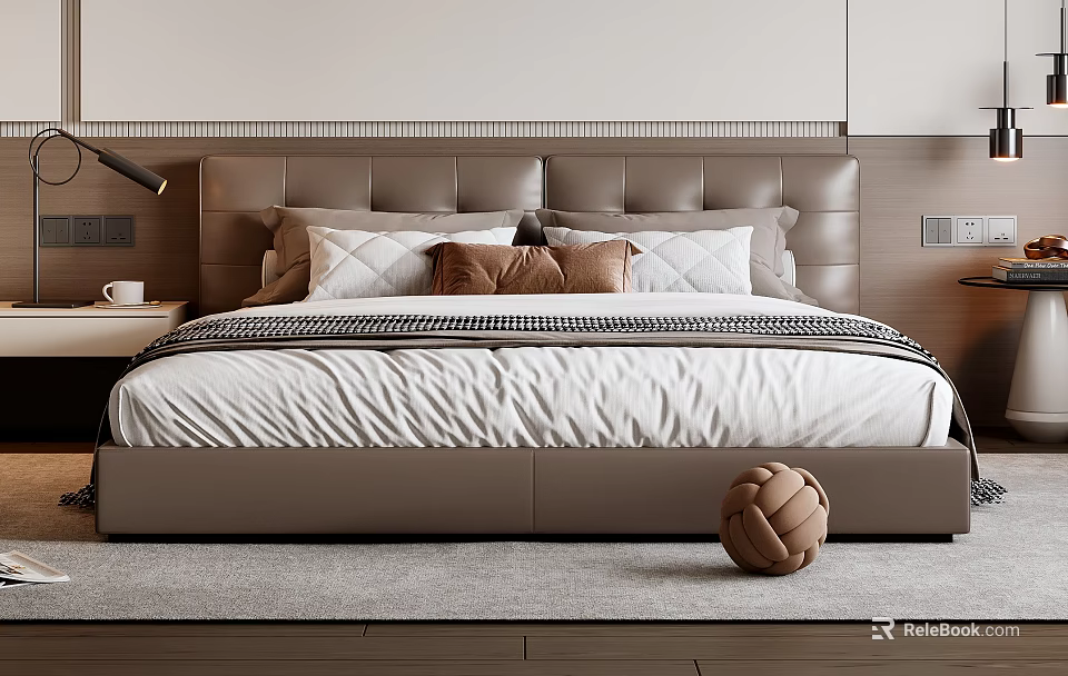 Modern Double Bed With Upholstered Headboard Plush Pillows And Bedside Decorative Ball 3d model 