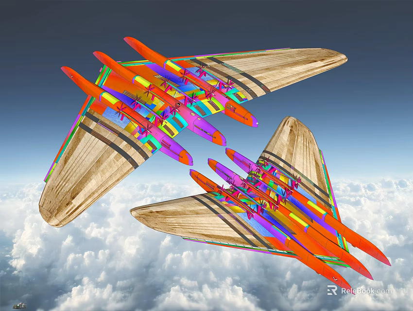 Two Colorful Fighter Jets With Unique Design Flying Above Clouds 3d model 