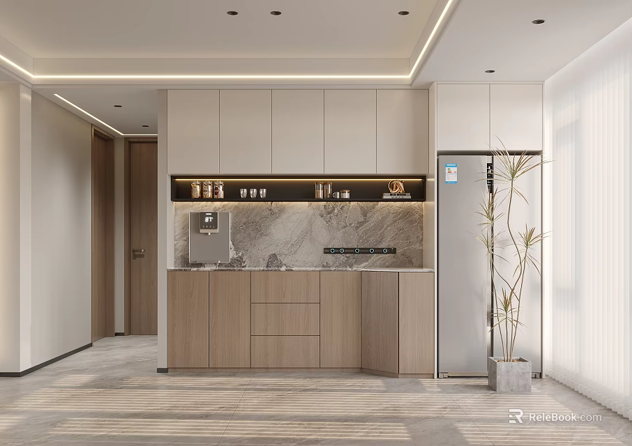 Modern Wine Cabinet With Marble Countertop Wooden Cabinets And Refrigerator In Interior Design 3d model 