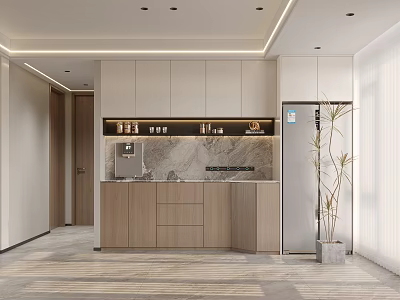 Modern Wine Cabinet With Marble Countertop Wooden Cabinets And Refrigerator In Interior Design 3d model