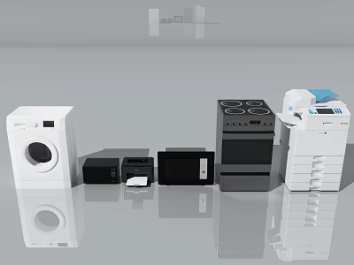 Essential Household Appliances Featuring Washing Machine Printer Microwave Oven And Stove 3d model