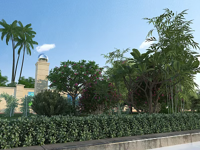 Tropical Garden Landscape With Tall Palms Dome Tower Lush Green Plants And Clear Blue Sky 3d model