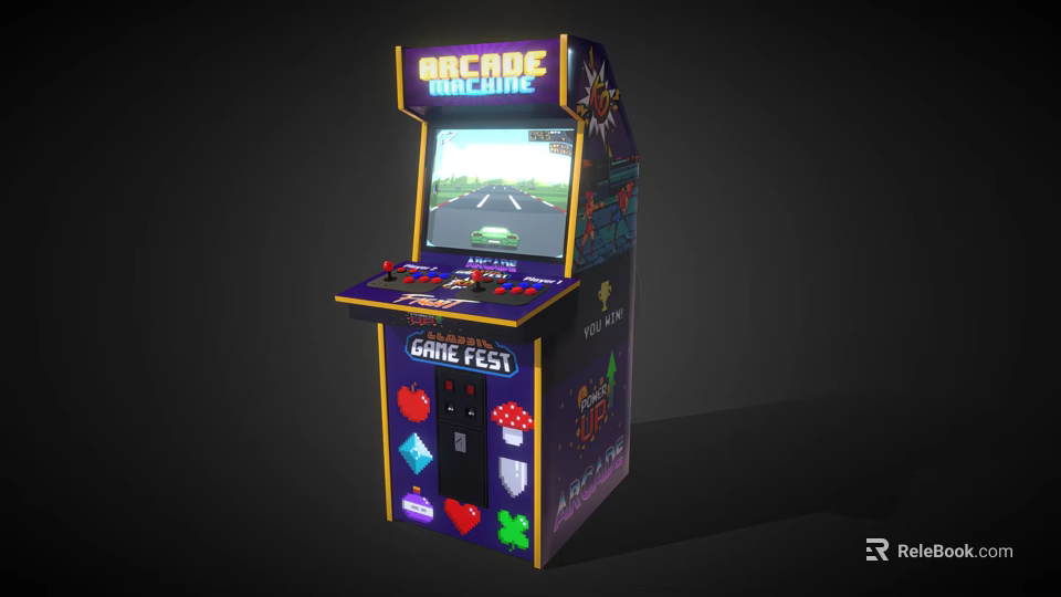 Game Fest Arcade Machine with Joystick Buttons and Vibrant Decorative Art for Racing Game Play 3d model 
