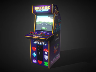 Game Fest Arcade Machine with Joystick Buttons and Vibrant Decorative Art for Racing Game Play 3d model
