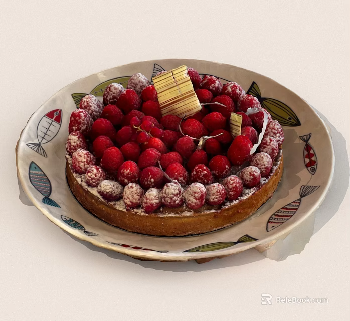 Raspberry Tart With Sugar Powder And Chocolate Decoration On Fish Pattern Plate 3d model 