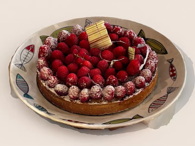 Raspberry Tart With Sugar Powder And Chocolate Decoration On Fish Pattern Plate 3d model
