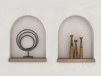Decorative Ornaments Combination with Metal Rings and Wooden Figurines on Arched Niches Shelves Light Walls 3d model