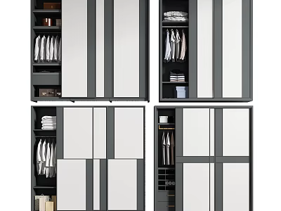 Modern Black And White Wardrobe Design With Mirror Doors Shelves And Hanging Rods 3d model