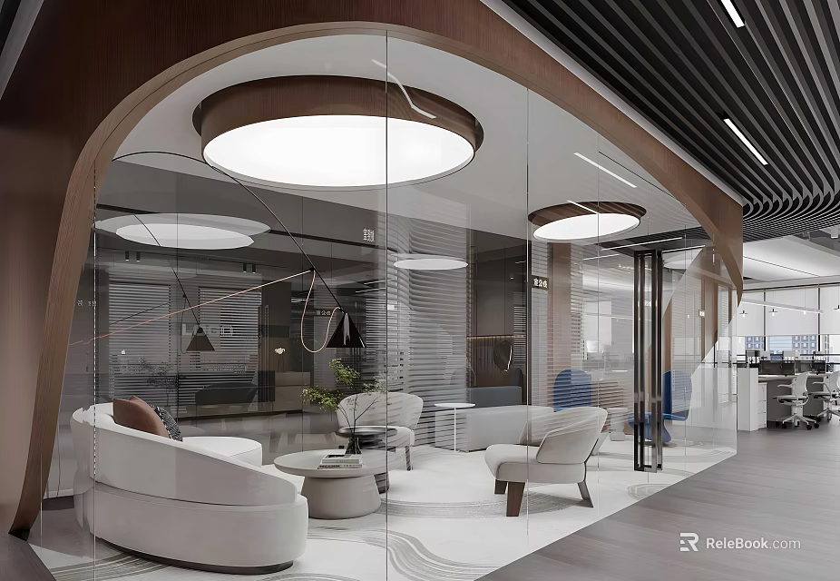 Modern Public Office Space With Glass Partitions Circular Lights And Comfortable Seating 3d model 