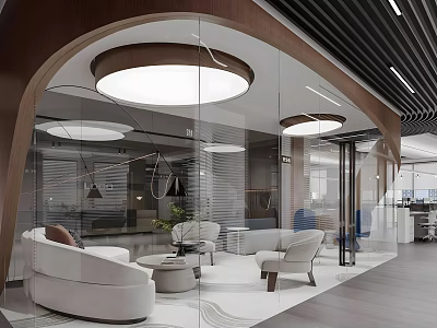 Modern Public Office Space With Glass Partitions Circular Lights And Comfortable Seating 3d model