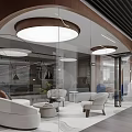 Modern Public Office Space With Glass Partitions Circular Lights And Comfortable Seating 3d model