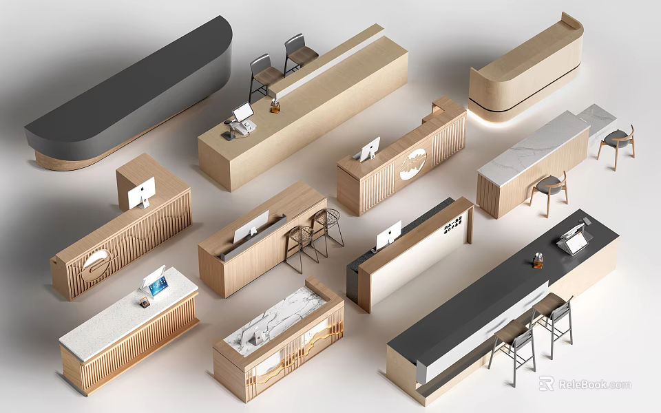 Modern Reception Desk Designs With Various Styles Wooden Marble Countertops And Chairs 3d model 