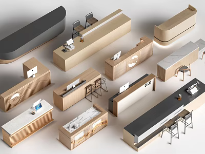 Modern Reception Desk Designs With Various Styles Wooden Marble Countertops And Chairs 3d model