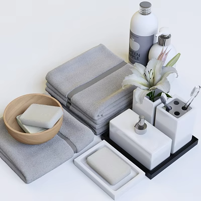 Stylish Bathroom Accessories Set With Folded Towels Soap Bars And Flower Vase 3d model