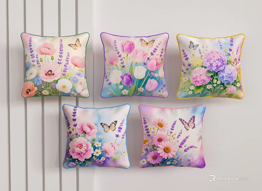 Set of Five Decorative Pillows with Colorful Floral Patterns and Butterfly Accents 3d model 