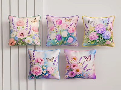 Set of Five Decorative Pillows with Colorful Floral Patterns and Butterfly Accents 3d model