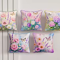 Set of Five Decorative Pillows with Colorful Floral Patterns and Butterfly Accents