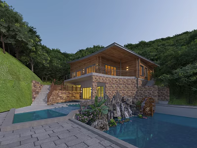 Scenic Single Family Villa On Lush Green Hillside With Wooden Stone Wall Swimming Pool Rockery 3d model