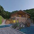 Scenic Single Family Villa On Lush Green Hillside With Wooden Stone Wall Swimming Pool Rockery