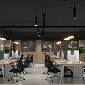 Modern Public Office Space With White Desks Black Office Chairs Dividers And Pendant Lights
