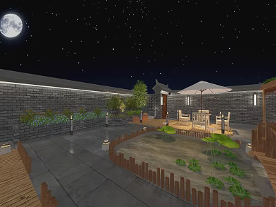 Garden Landscape Night Sky With Moon Stars Brick Wall Lotus Pool Wooden Deck Tables Umbrella 3d model