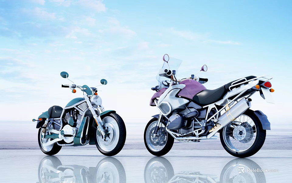 Two Stylish Motorcycles Green Black And White Pink With Blue Sky And Ground Reflection 3d model 