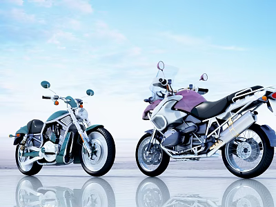 Two Stylish Motorcycles Green Black And White Pink With Blue Sky And Ground Reflection 3d model