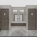 Modern Public Restroom Interior Design With Two Wooden Doors Vanity Mirrors Light Tiles And Plant