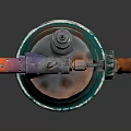 Vintage Metal Blowtorch Weapon with Copper Green Patina and Wooden Handle Cylindrical Design