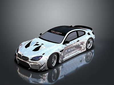 Modified Sport Car With Black Roof Silver Body Graphics And Large Rear Spoiler 3d model