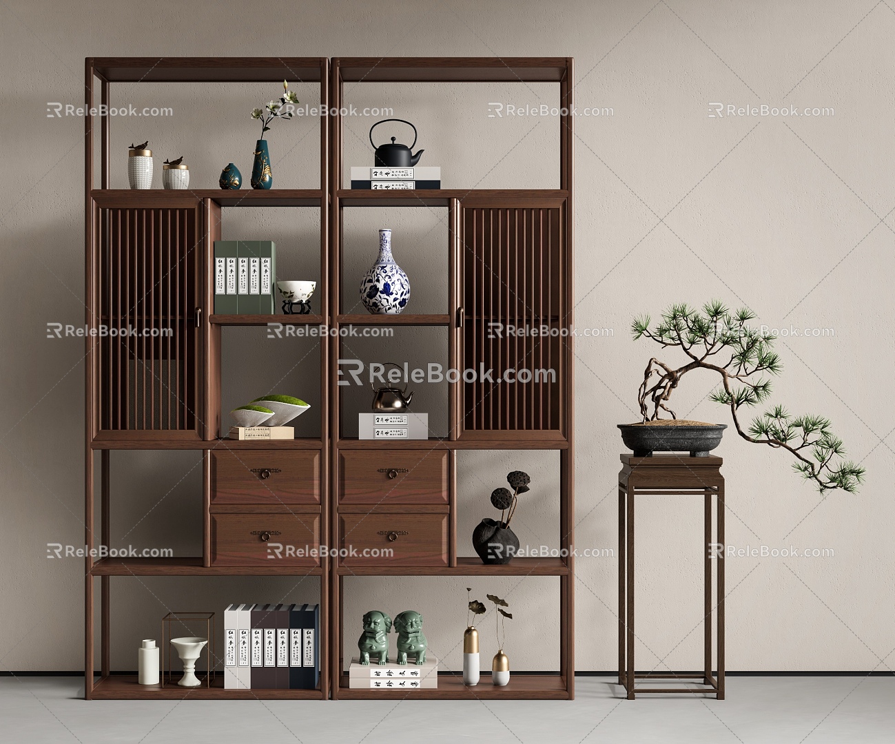 New Chinese-style Antique Rack Storage Rack Tea Cabinet Ornaments Flowers 3d model