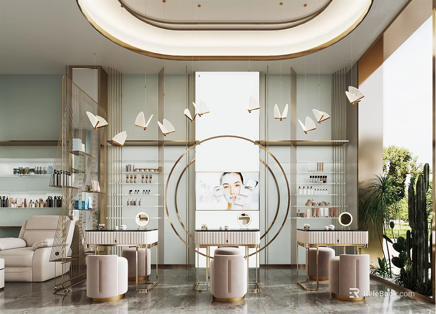 Elegant Beauty Salon Interior Featuring Modern Design Comfortable Seats Product Displays And Decorative Lighting 3d model 