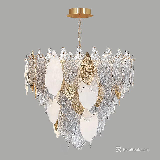 Elegant Leaf Shaped Chandelier For Home Interior With White Gold Silver Glass Decor 3d model 
