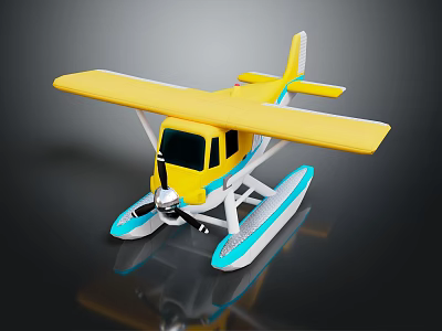 Bright Yellow Seaplane Passenger Aircraft With Blue Floats And Cabin Design 3d model