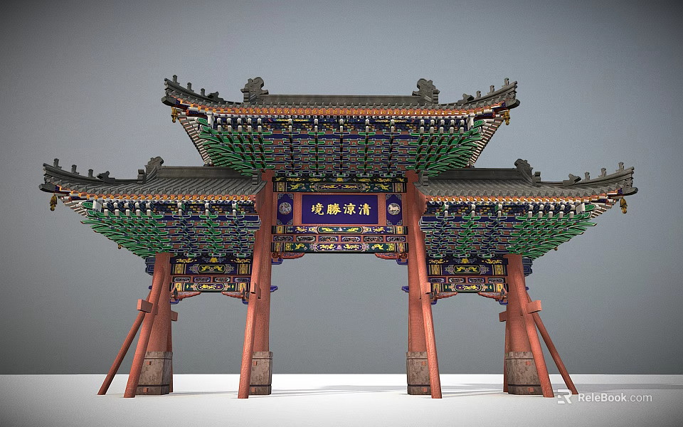 Chinese Ancient Archway Traditional Wooden Structure With Multiple Pillars Colorful Paintings And Dougong Brackets 3d model 