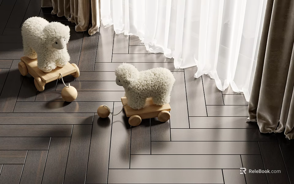 Plush Sheep Dolls On Wooden Carts With Dark Wood Flooring And White Curtains 3d model 