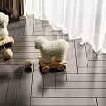 Plush Sheep Dolls On Wooden Carts With Dark Wood Flooring And White Curtains
