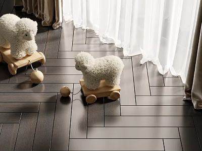 Plush Sheep Dolls On Wooden Carts With Dark Wood Flooring And White Curtains 3d model
