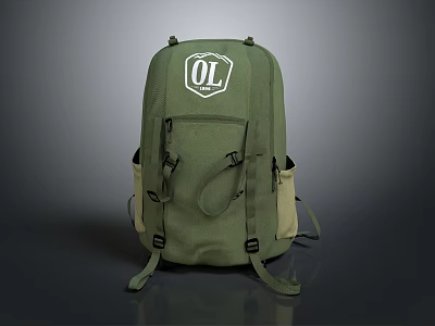 Durable Green Backpack Front OL Logo Practical Design With Adjustable Straps And Side Pockets 3d model