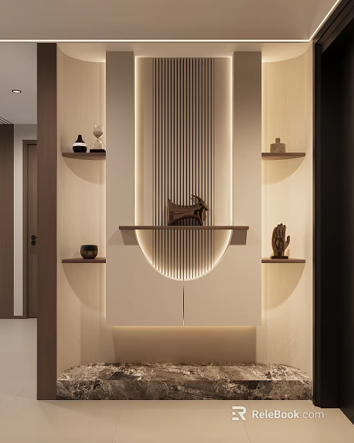 Modern Entryway Hallway Design With Decorative Shelves Ornaments And Ambient Lighting 3d model 