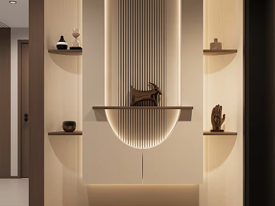 Modern Entryway Hallway Design With Decorative Shelves Ornaments And Ambient Lighting 3d model