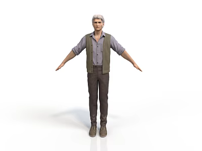 Man With Gray Hair Standing In Gray Shirt Green Vest Brown Pants Shoes Arms Outstretched 3d model